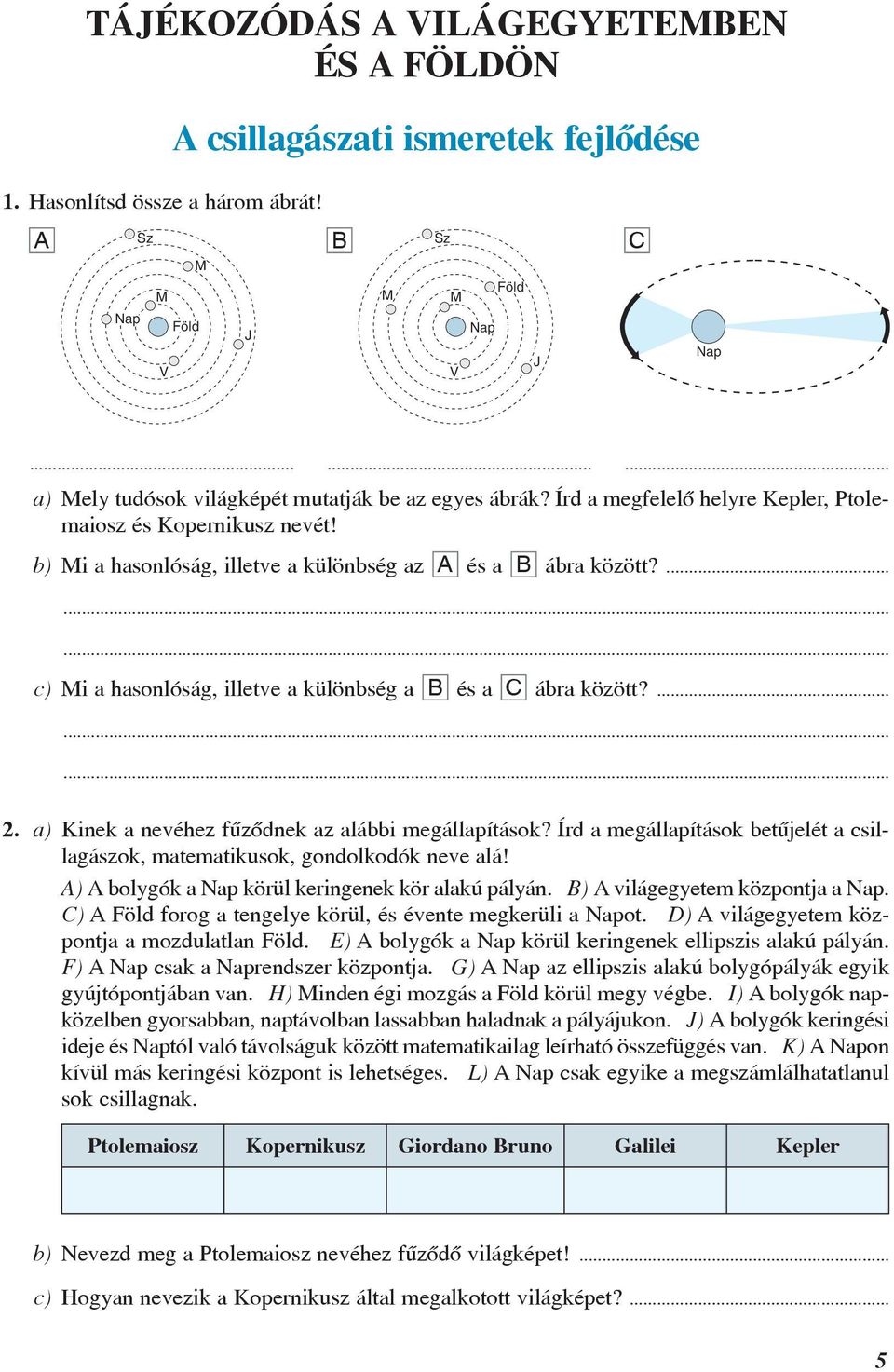 ... c) Mi a hasonlóság, illetve a különbség a B és a C ábra között?... 2. a) Kinek a nevéhez fûzõdnek az alábbi megállapítások?