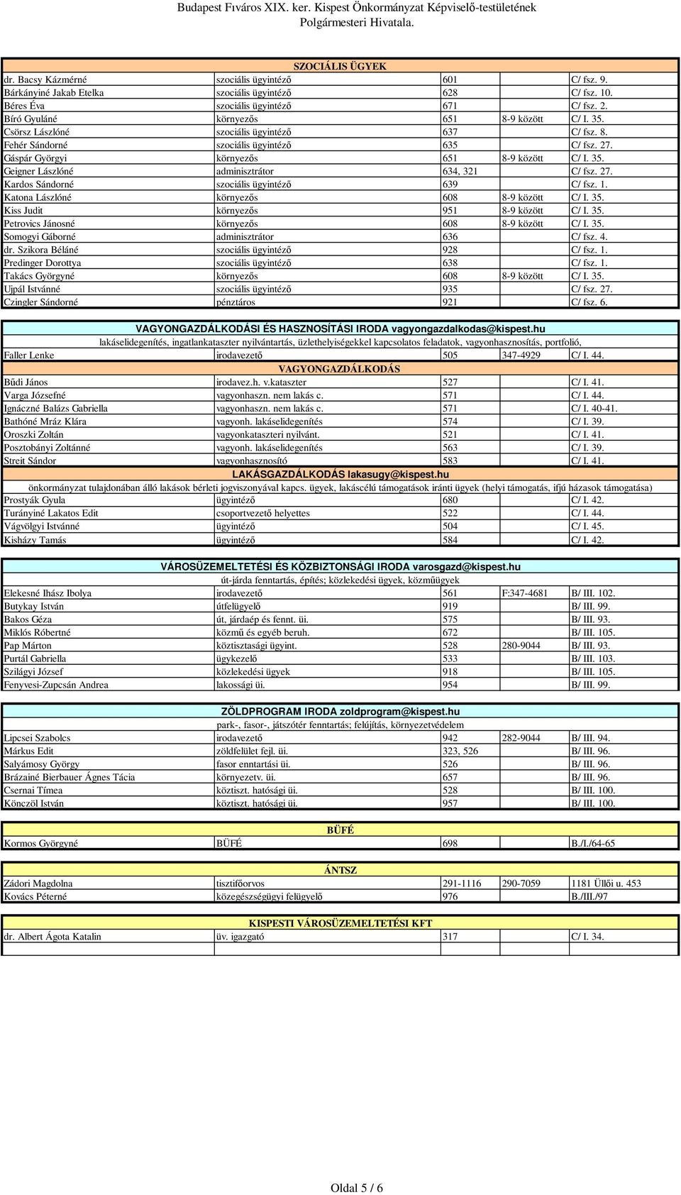 27. Kardos Sándorné szociális ügyintézı 639 C/ fsz. 1. Katona Lászlóné környezıs 608 8-9 között C/ I. 35. Kiss Judit környezıs 951 8-9 között C/ I. 35. Petrovics Jánosné környezıs 608 8-9 között C/ I.