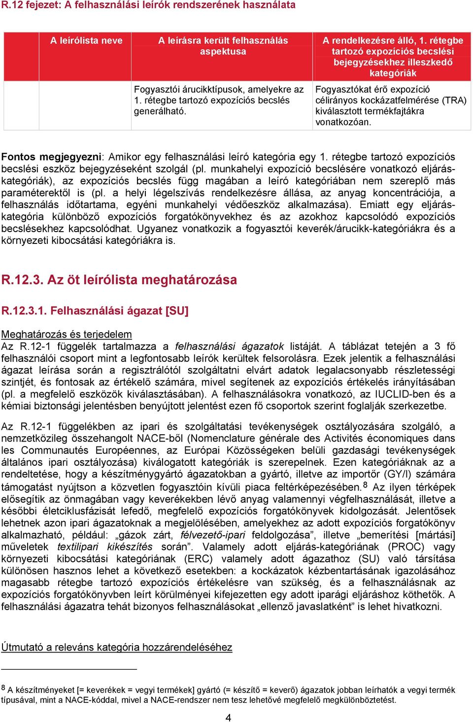 Fontos megjegyezni: Amikor egy felhasználási leíró kategória egy 1. rétegbe tartozó expozíciós becslési eszköz bejegyzéseként szolgál (pl.