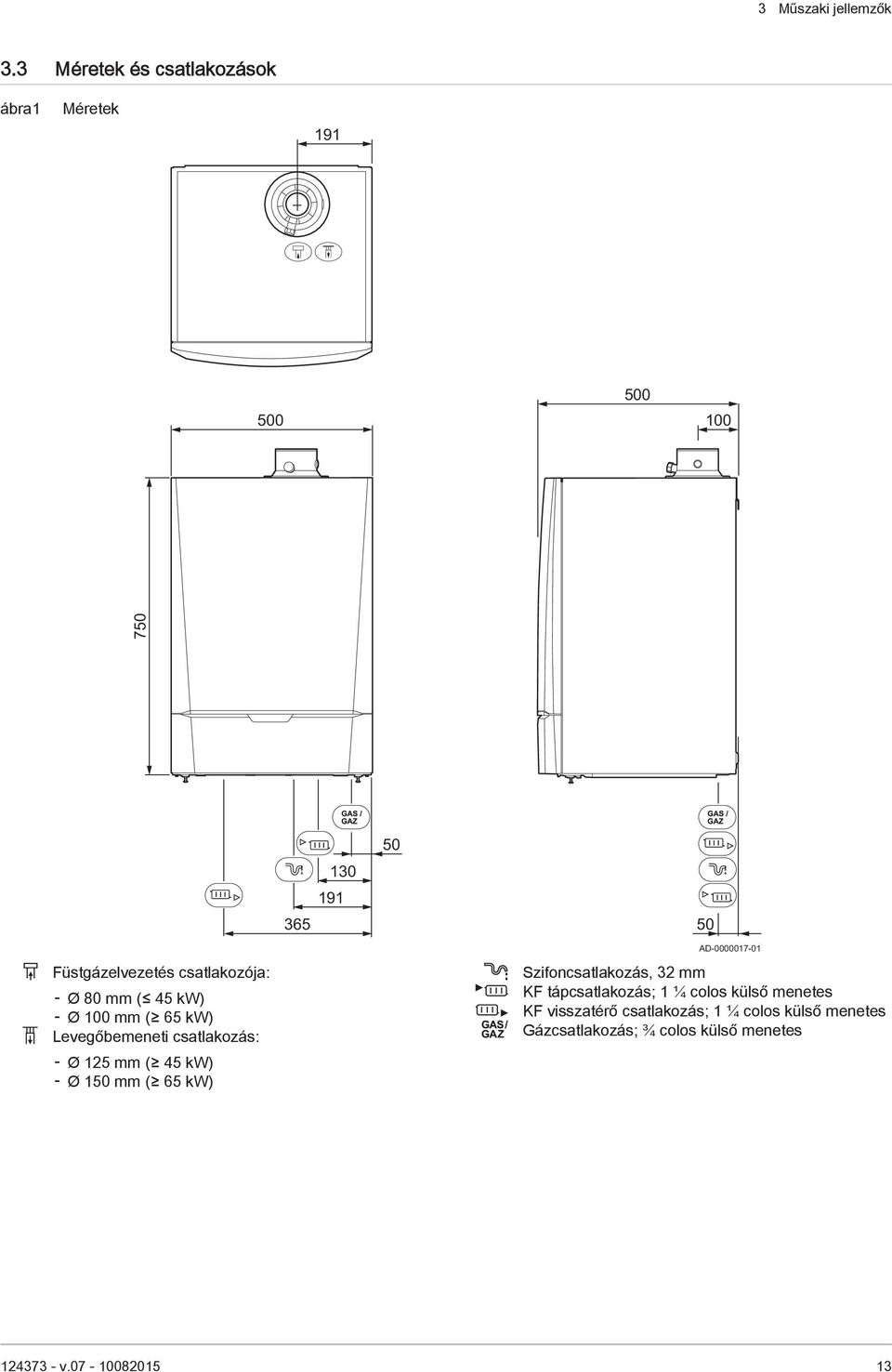 Füstgázelvezetés csatlakozója: Ø 80 mm ( 45 kw) Ø 100 mm ( 65 kw) Levegőbemeneti csatlakozás: Ø 125 mm (