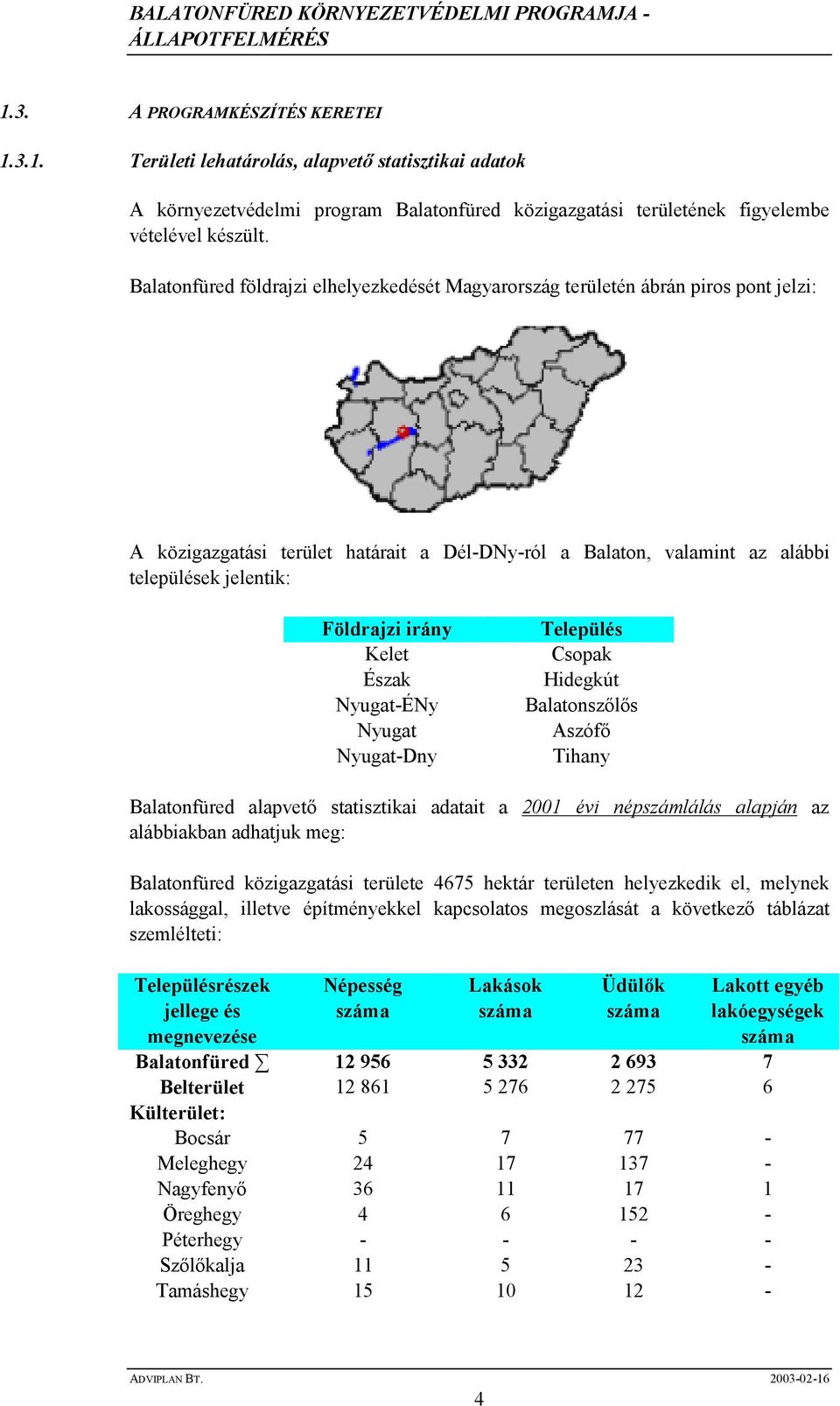 irány Kelet Észak Nyugat-ÉNy Nyugat Nyugat-Dny Település Csopak Hidegkút Balatonszılıs Aszófı Tihany Balatonfüred alapvetı statisztikai adatait a 2001 évi népszámlálás alapján az alábbiakban adhatjuk