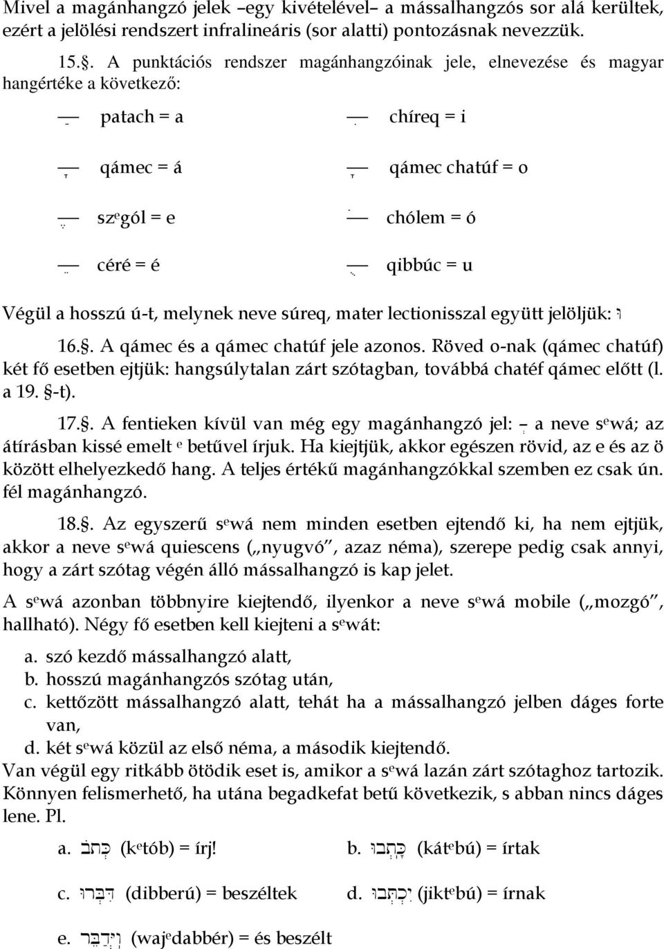 Végül a hosszú ú-t, melynek neve súreq, mater lectionisszal együtt jelöljük: W 16.. A qámec és a qámec chatúf jele azonos.