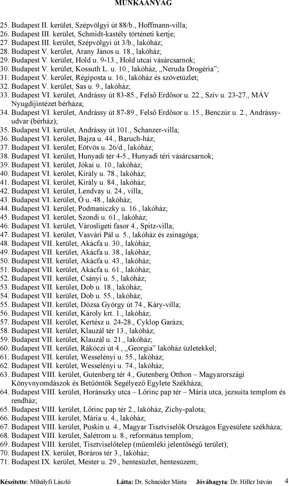 16., lakóház és szövetüzlet; 32. Budapest V. kerület, Sas u. 9., lakóház; 33. Budapest VI. kerület, Andrássy út 83-85., Felső Erdősor u. 22., Szív u. 23-27., MÁV Nyugdíjintézet bérháza; 34.