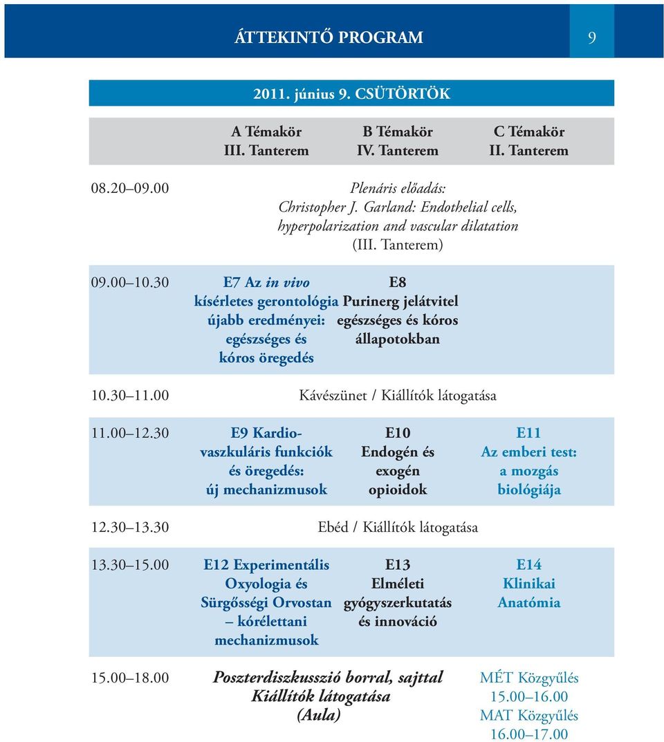 30 E7 Az in vivo E8 kísérletes gerontológia Purinerg jelátvitel újabb eredményei: egészséges és kóros egészséges és állapotokban kóros öregedés 10.30 11.00 Kávészünet / Kiállítók látogatása 11.00 12.