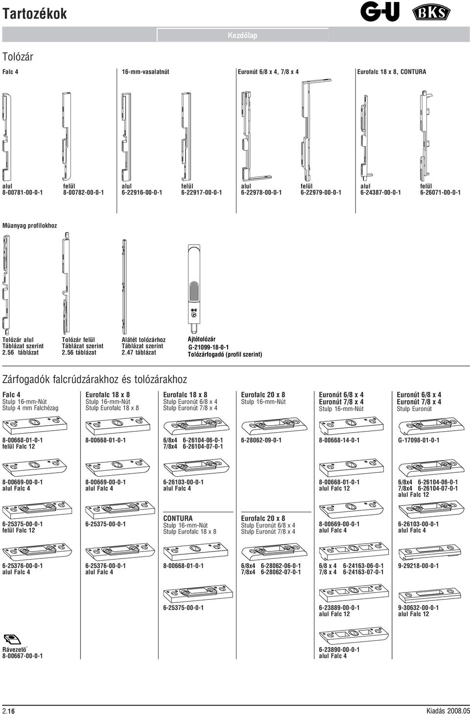 47 táblázat Ajtótolózár G-1099-18-0-1 Tolózárfogadó () k falcrúdzárakhoz és tolózárakhoz Falc 4 Stulp 16-mm-Nút Stulp 4 mm Falchézag Eurofalc 18 x 8 Stulp 16-mm-Nút Stulp Eurofalc 18 x 8 Eurofalc 18