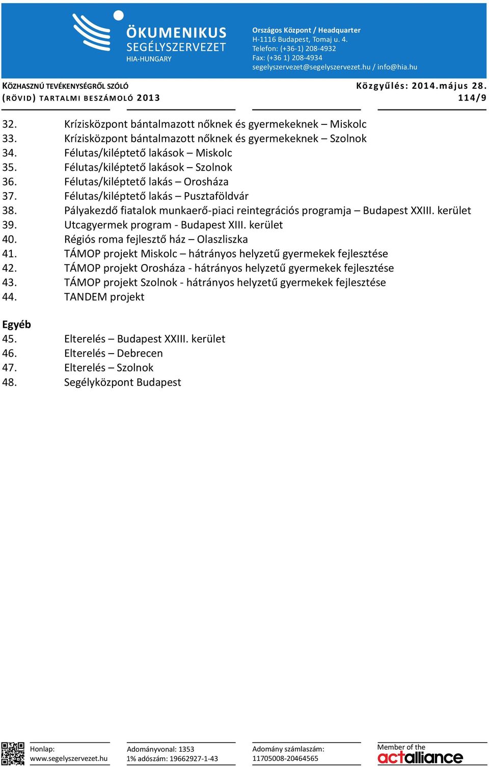 Pályakezdő fiatalok munkaerő-piaci reintegrációs programja Budapest XXIII. kerület 39. Utcagyermek program - Budapest XIII. kerület 40. Régiós roma fejlesztő ház Olaszliszka 41.