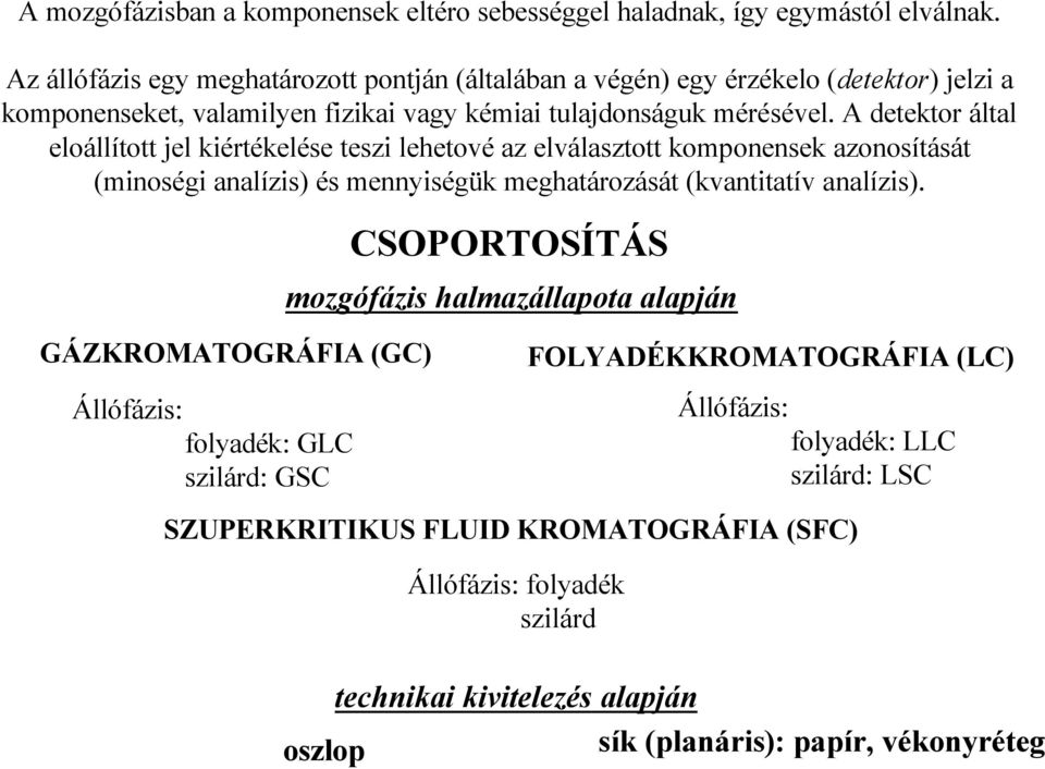 A detektor által eloállított jel kiértékelése teszi lehetové az elválasztott komponensek azonosítását (minoségi analízis) és mennyiségük meghatározását (kvantitatív analízis).