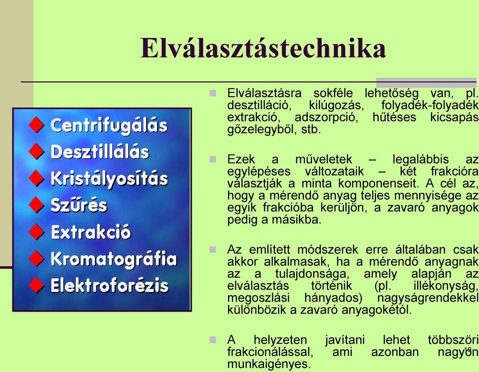 A cél az, hogy a mérendő anyag teljes mennyisége az egyik frakcióba kerüljön, a zavaró anyagok pedig a másikba.