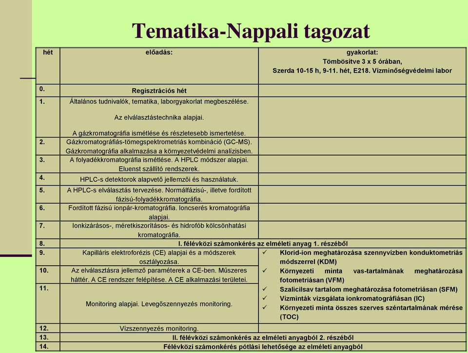 Gázkromatográfiás-tömegspektrometriás kombináció (GC-MS). Gázkromatográfia alkalmazása a környezetvédelmi analízisben. 3. A folyadékkromatográfia ismétlése. A HPLC módszer alapjai.