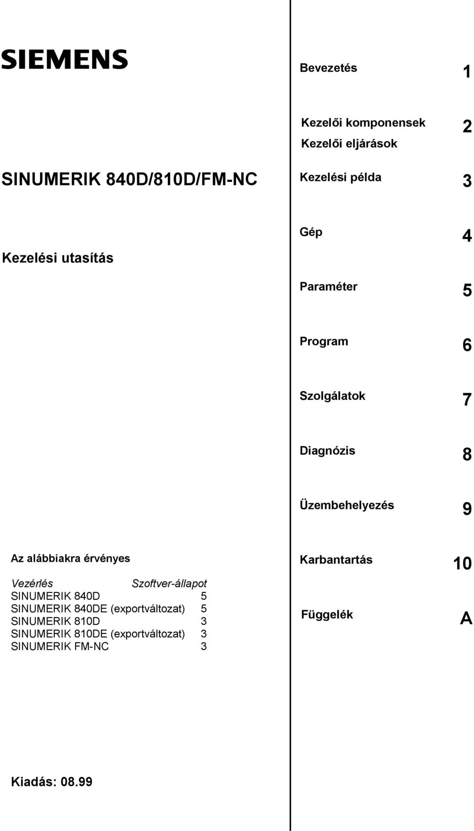 érvényes Karbantartás 10 Vezérlés Szoftver-állapot SINUMERIK 840D 5 SINUMERIK 840DE