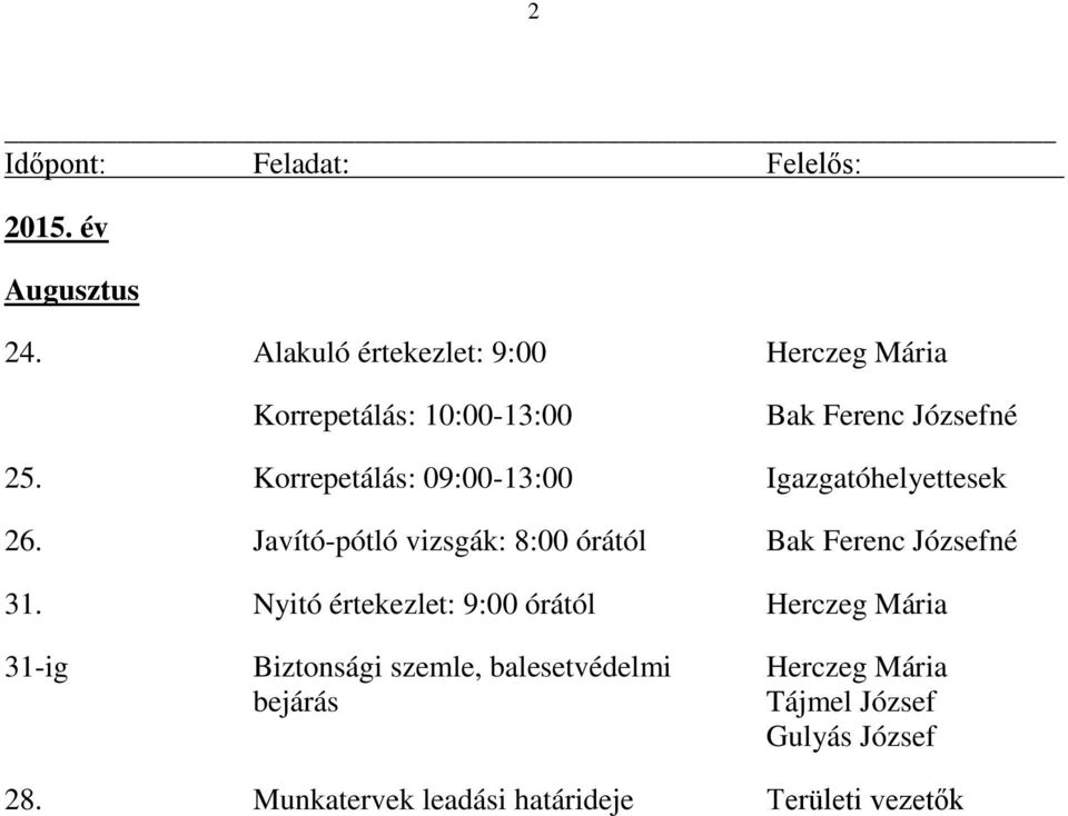 Korrepetálás: 09:00-13:00 Igazgatóhelyettesek 26. Javító-pótló vizsgák: 8:00 órától 31.