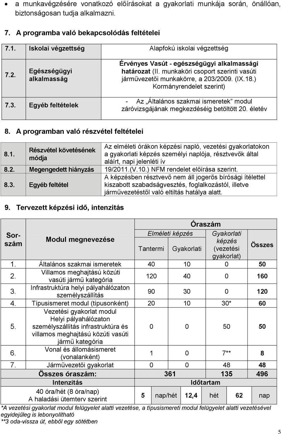 munkaköri csoport szerinti vasúti járművezetői munkakörre, a 203/2009. (IX.18.) Kormányrendelet szerint) 7.3. Egyéb feltételek - Az Általános szakmai ismeretek modul záróvizsgájának megkezdéséig betöltött 20.