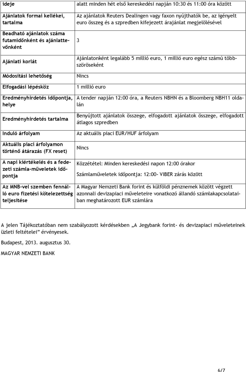 10:30 és 11:00 óra között Az ajánlatok Reuters Dealingen vagy faxon nyújthatók be, az igényelt euro összeg és a szpredben kifejezett árajánlat megjelölésével 3 Ajánlatonként legalább 5 millió euro, 1