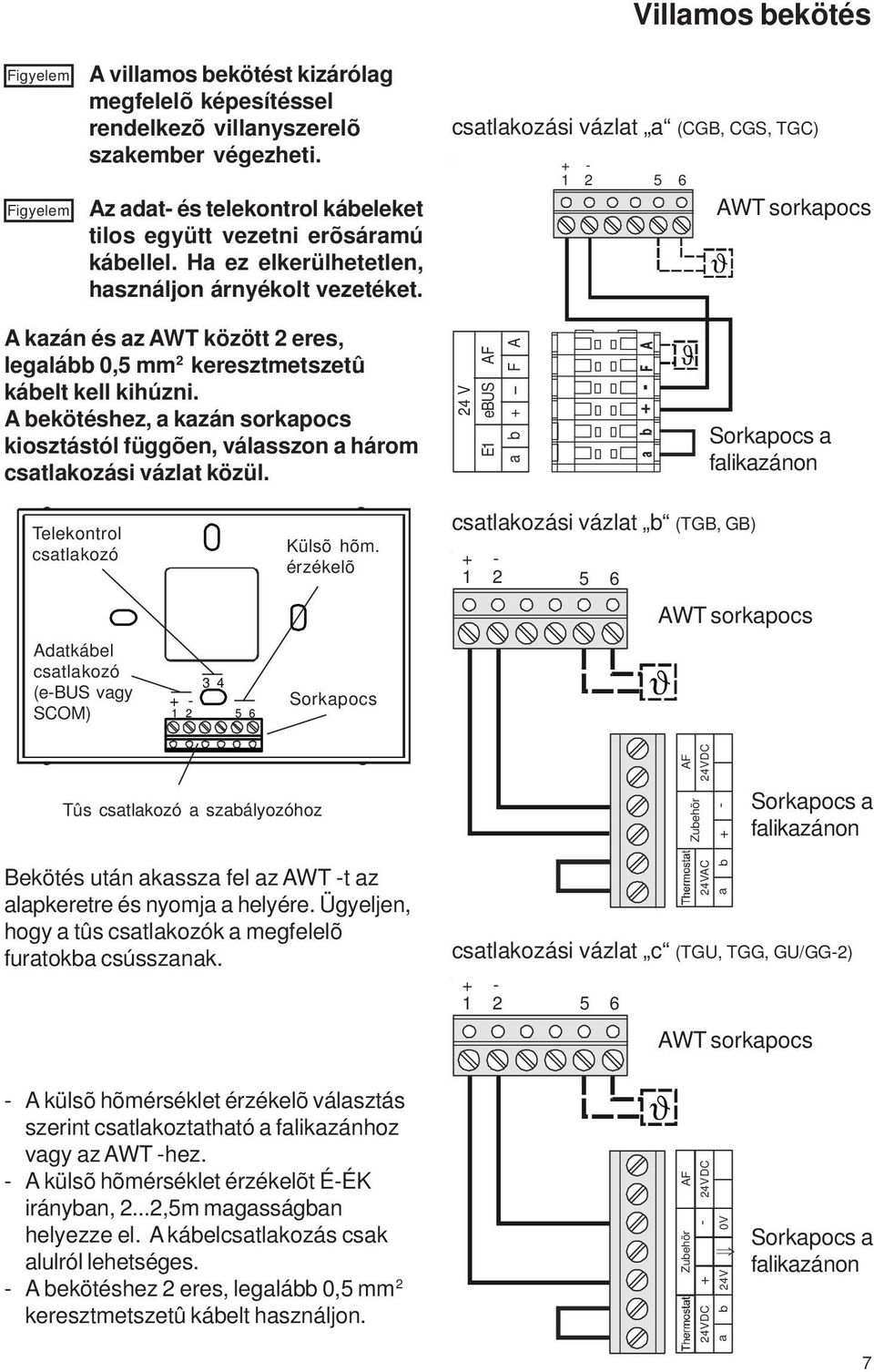 + - 1 2 5 6 Villamos bekötés csatlakozási vázlat a (CGB, CGS, TGC) AWT sorkapocs ϑ A kazán és az AWT között 2 eres, legalább 0,5 mm 2 keresztmetszetû kábelt kell kihúzni.