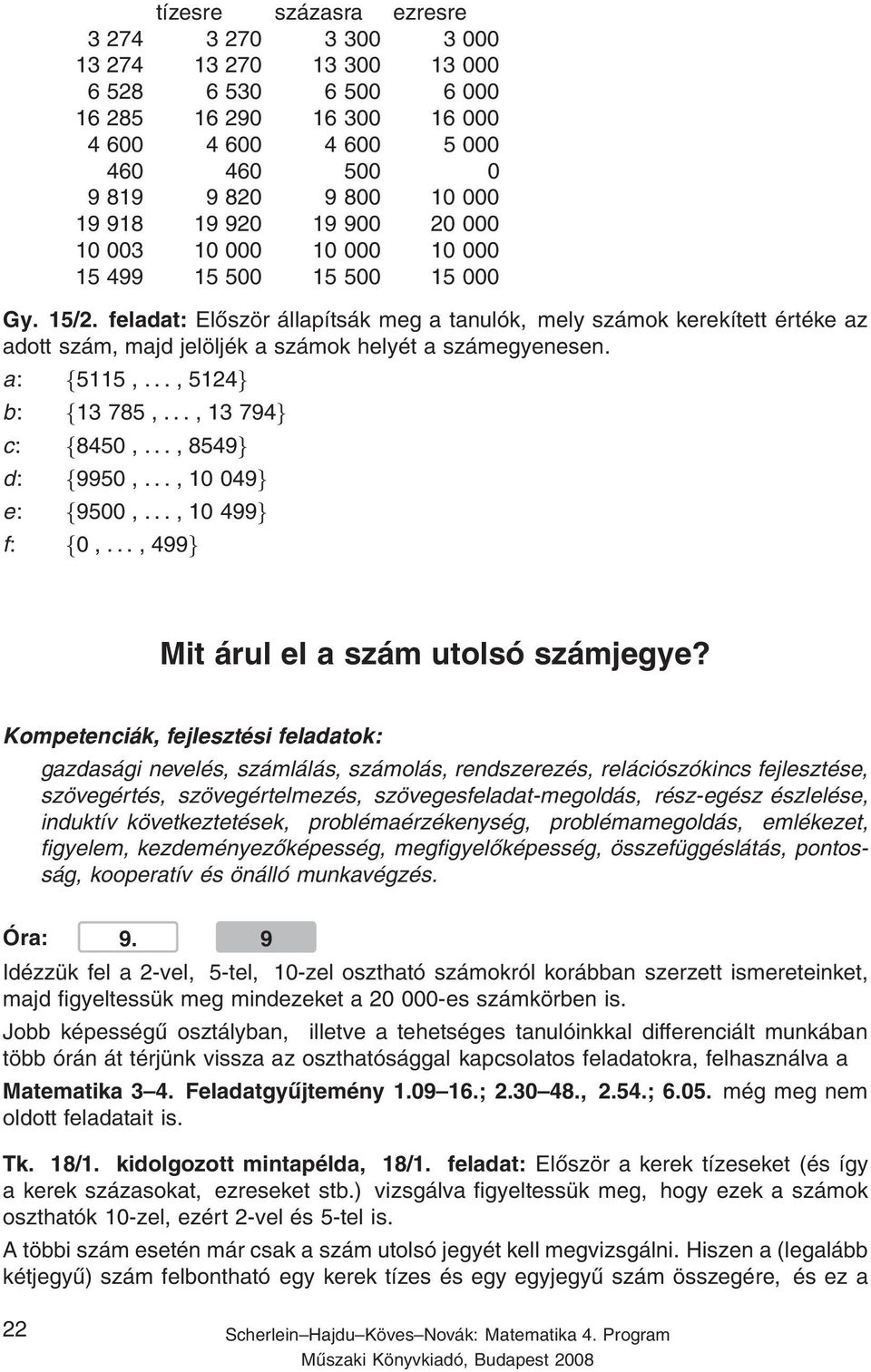 feladat: Először állapítsák meg a tanulók, mely számok kerekített értéke az adott szám, majd jelöljék a számok helyét a számegyenesen. a: f5115,..., 5124g b: f13 785,..., 13 794g c: f8450,.