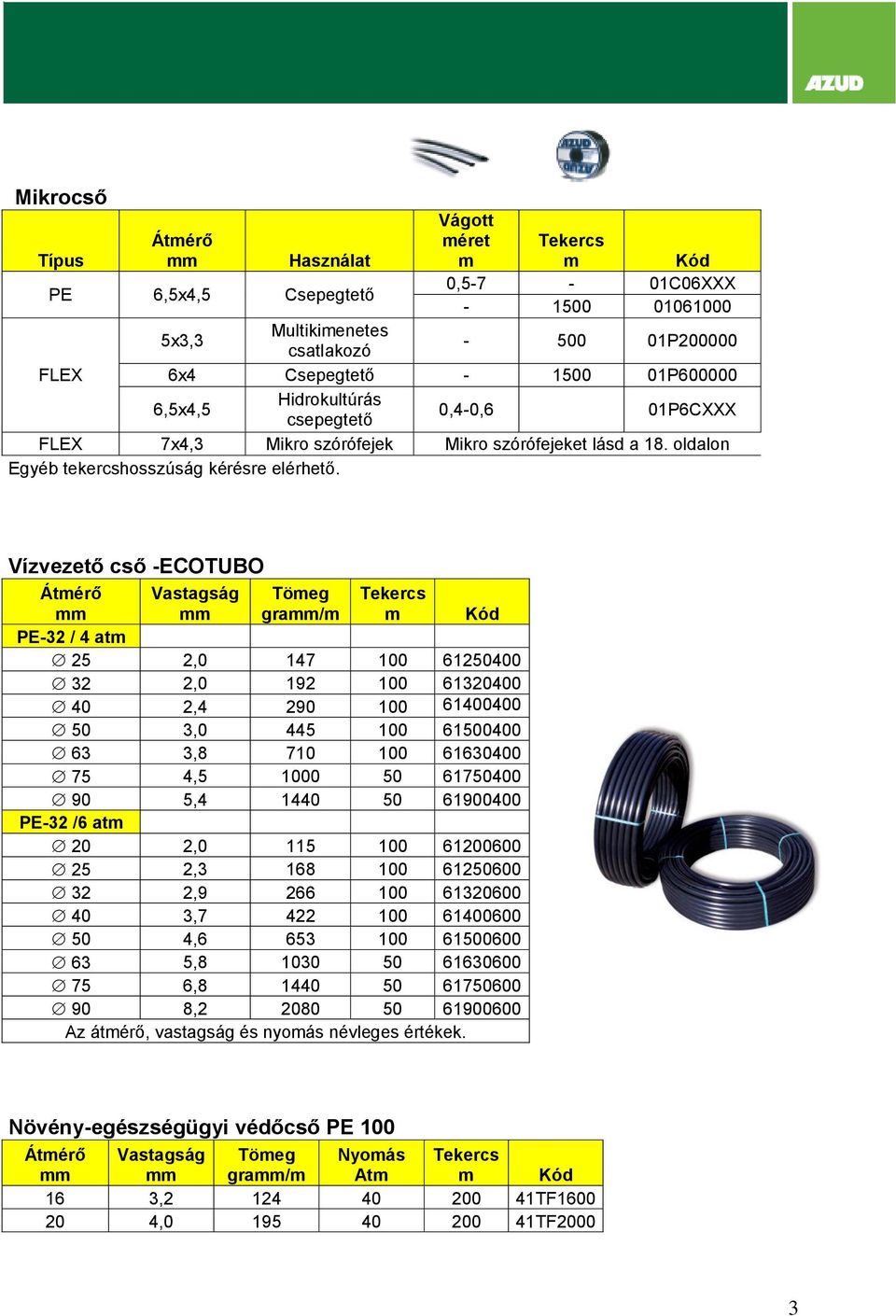 Vízvezető cső -ECOTUBO Átérő Vastagság Töeg gra/ Tekercs Kód PE-32 / 4 at 25 2,0 147 100 61250400 32 2,0 192 100 61320400 40 2,4 290 100 61400400 50 3,0 445 100 61500400 63 3,8 710 100 61630400 75