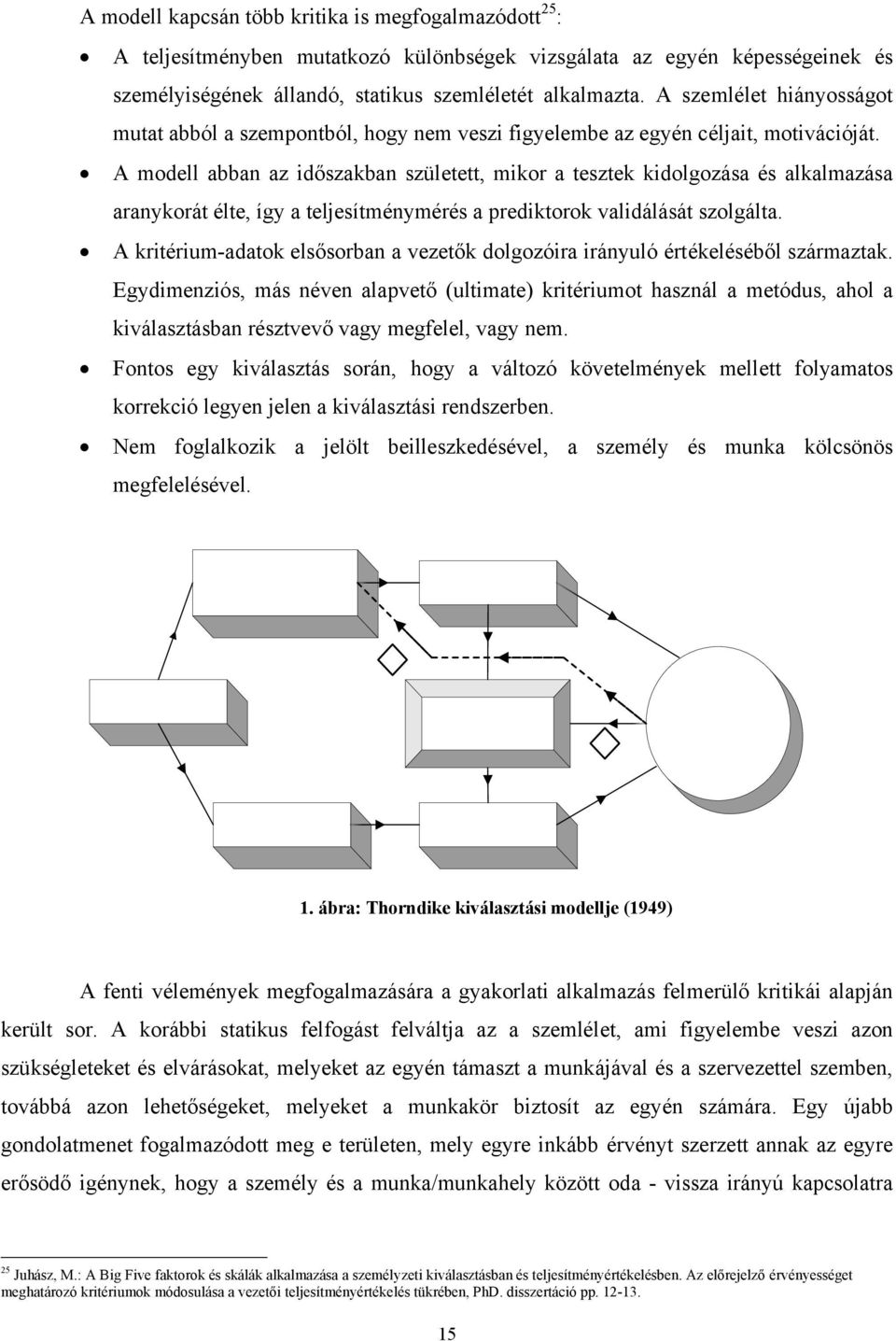 A modell abban az időszakban született, mikor a tesztek kidolgozása és alkalmazása aranykorát élte, így a teljesítménymérés a prediktorok validálását szolgálta.