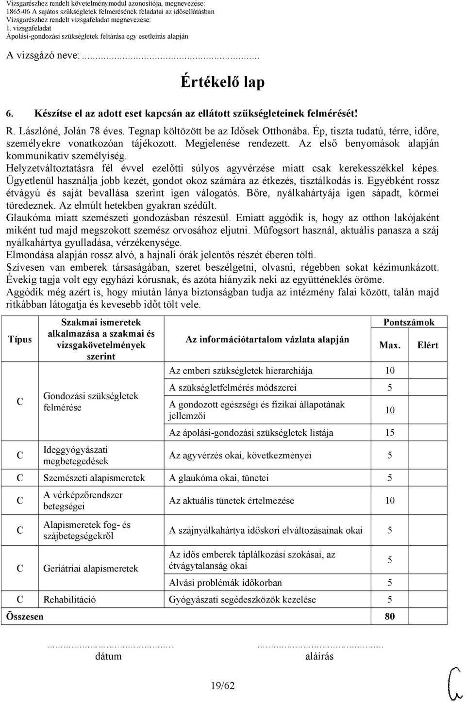 Helyzetváltoztatásra fél évvel ezelőtti súlyos agyvérzése miatt csak kerekesszékkel képes. Ügyetlenül használja jobb kezét, gondot okoz számára az étkezés, tisztálkodás is.