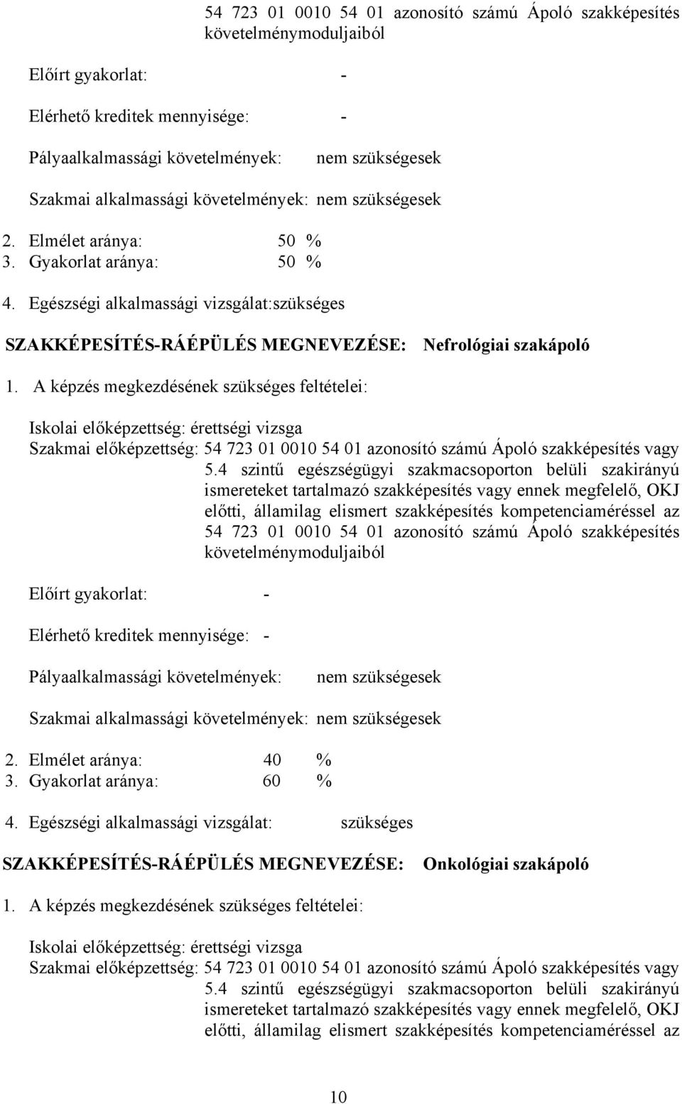 képzés megkezdésének szükséges feltételei: Iskolai előképzettség: érettségi vizsga Szakmai előképzettség: 54 723 01 0010 54 01 azonosító számú Ápoló szakképesítés vagy 5.