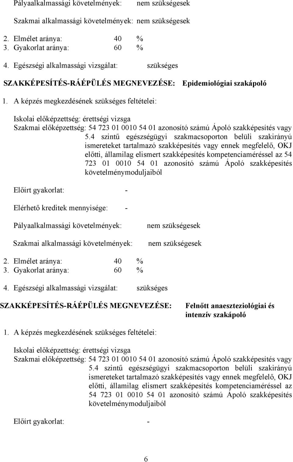 képzés megkezdésének szükséges feltételei: Iskolai előképzettség: érettségi vizsga Szakmai előképzettség: 54 723 01 0010 54 01 azonosító számú Ápoló szakképesítés vagy 5.