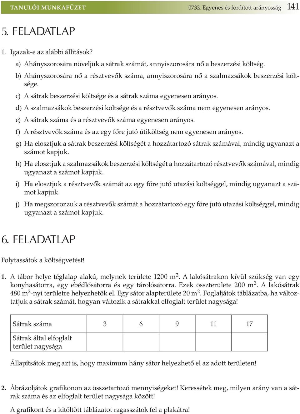 d) A szalmazsákok beszerzési költsége és a résztvevők száma nem egyenesen arányos. e) A sátrak száma és a résztvevők száma egyenesen arányos.