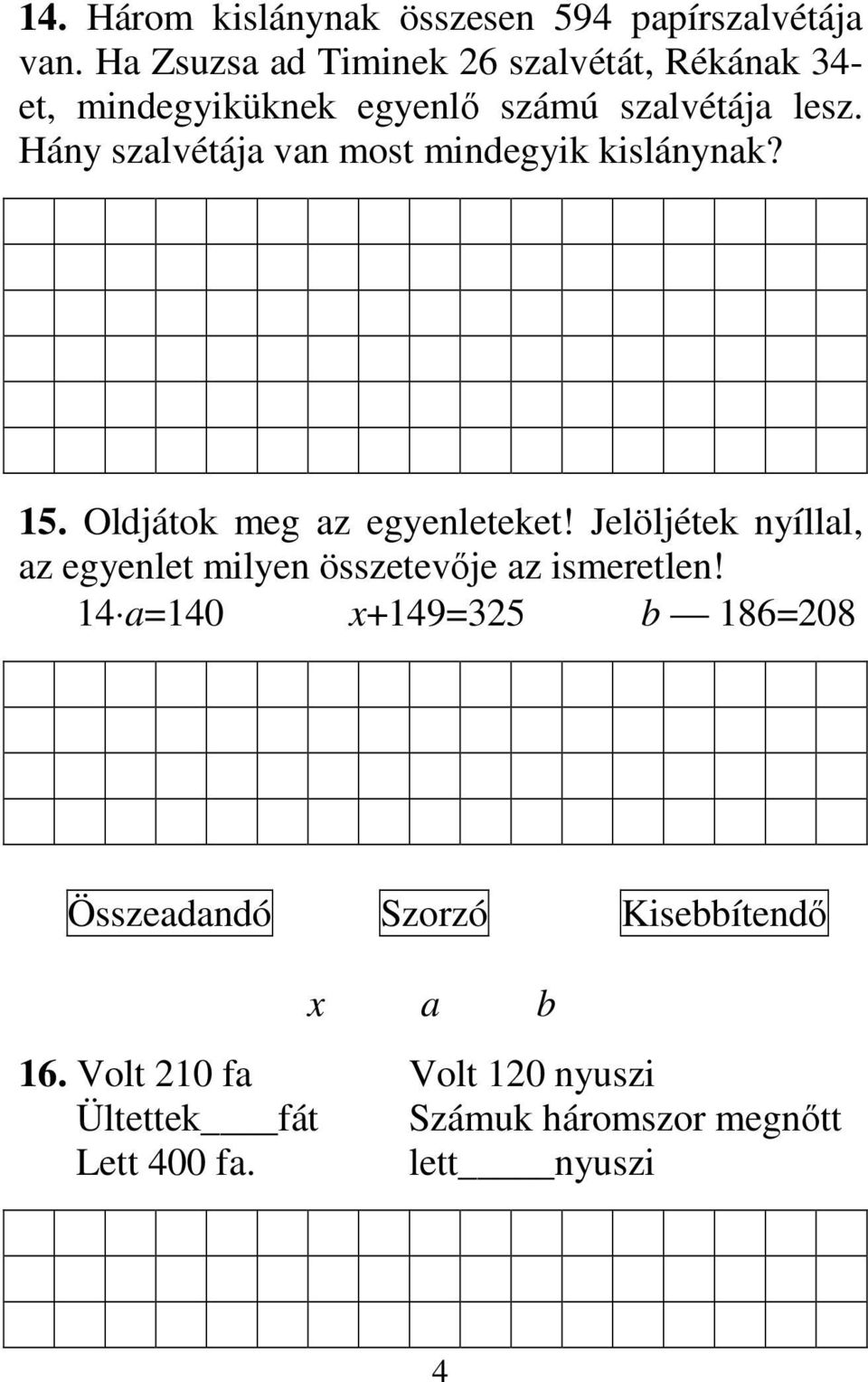 Hány szalvétája van most mindegyik kislánynak? 15. Oldjátok meg az egyenleteket!