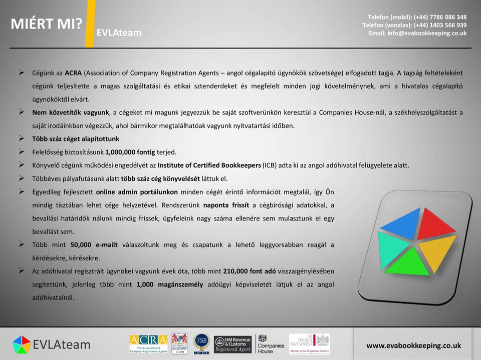 Nem közvetítők vagyunk, a cégeket mi magunk jegyezzük be saját szoftverünkön keresztül a Companies House-nál, a székhelyszolgáltatást a saját irodáinkban végezzük, ahol bármikor megtalálhatóak