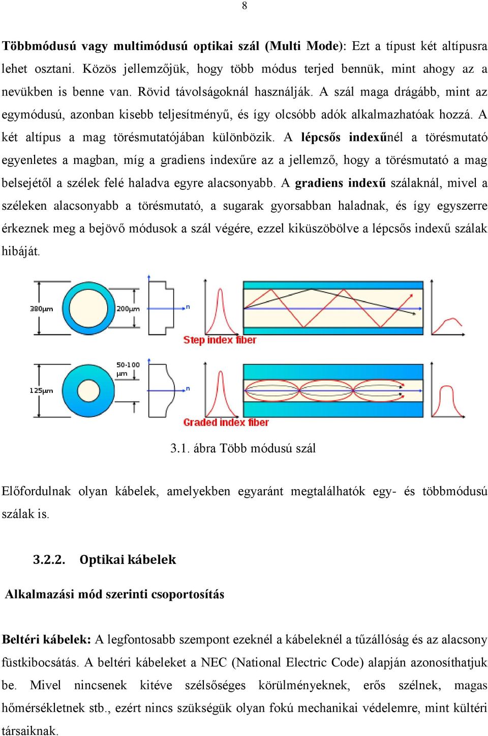 A lépcsős indexűnél a törésmutató egyenletes a magban, míg a gradiens indexűre az a jellemző, hogy a törésmutató a mag belsejétől a szélek felé haladva egyre alacsonyabb.