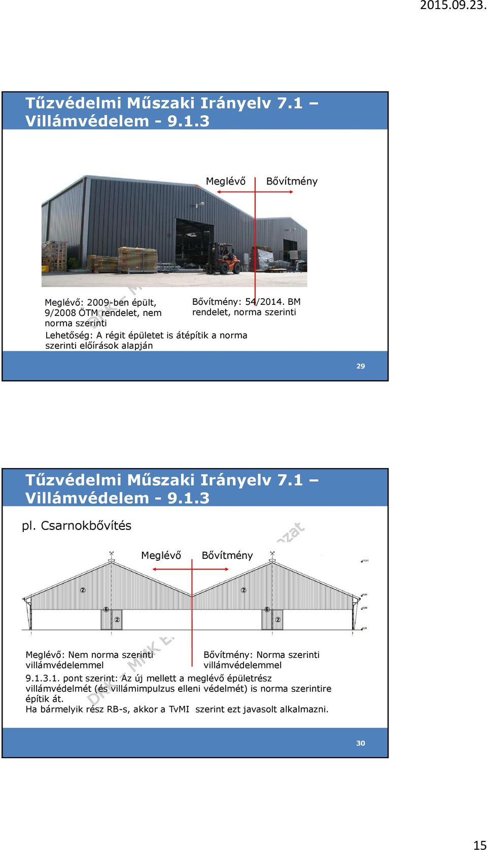 Csarnokbővítés Meglévő Bővítmény Meglévő: Nem norma szerinti villámvédelemmel Bővítmény: Norma szerinti villámvédelemmel 9.1.