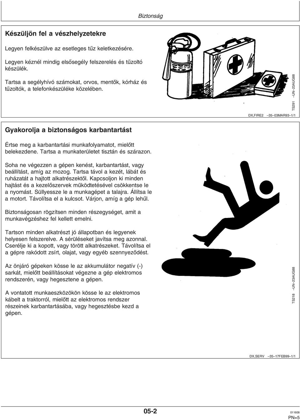 TS291 UN 23AUG88 DX,FIRE2 35 03MAR93 1/1 Gyakorolja a biztonságos karbantartást Értse meg a karbantartási munkafolyamatot, mielőtt belekezdene. Tartsa a munkaterületet tisztán és szárazon.