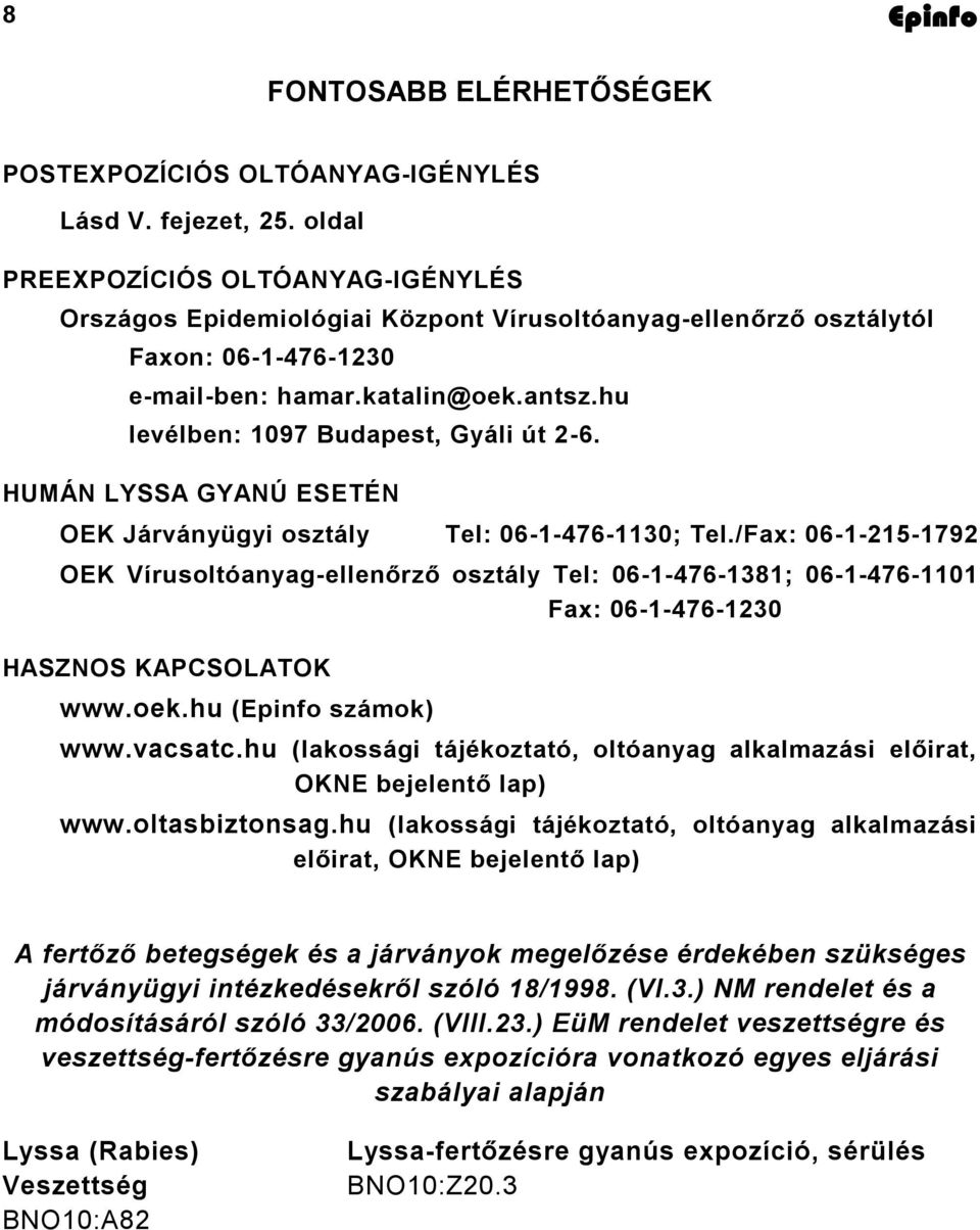 hu levélben: 1097 Budapest, Gyáli út 2-6. HUMÁN LYSSA GYANÚ ESETÉN OEK Járványügyi osztály Tel: 06-1-476-1130; Tel.