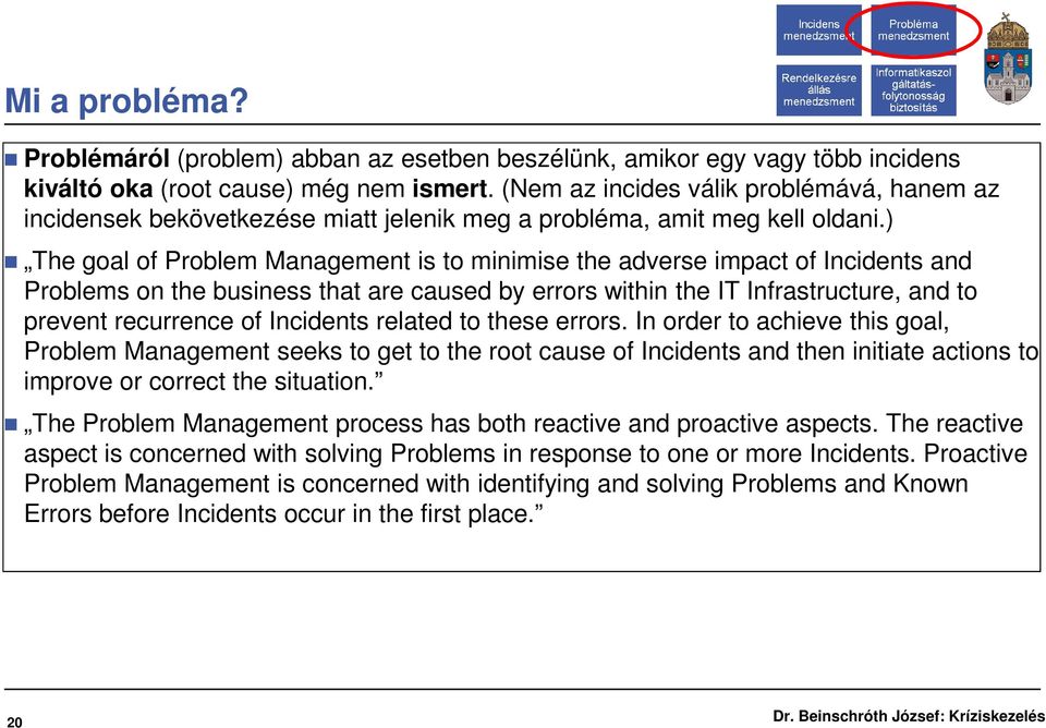 ) The goal of Problem Management is to minimise the adverse impact of Incidents and Problems on the business that are caused by errors within the IT Infrastructure, and to prevent recurrence of