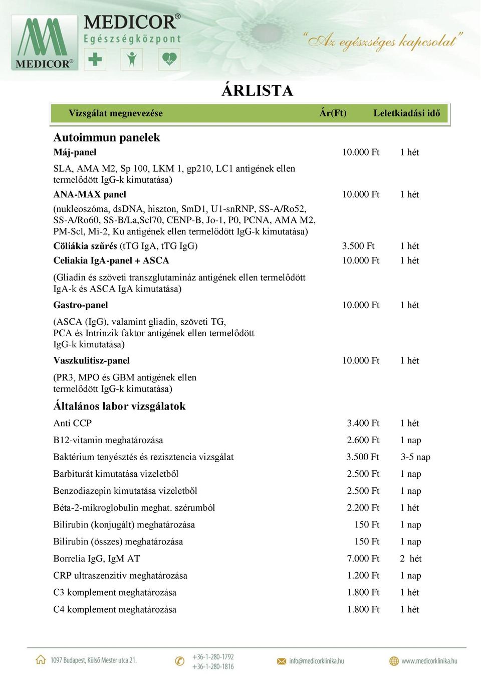 szűrés (ttg IgA, ttg IgG) 3.500 Ft 1 hét Celiakia IgA-panel + ASCA 10.000 Ft 1 hét (Gliadin és szöveti transzglutamináz antigének ellen termelődött IgA-k és ASCA IgA kimutatása) Gastro-panel 10.