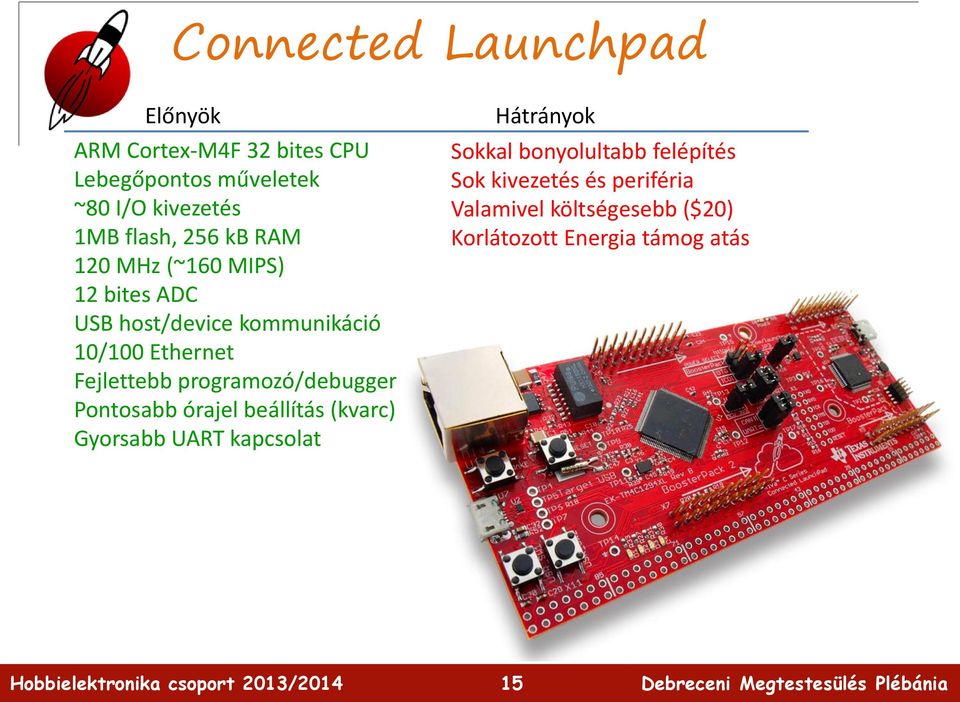 Fejlettebb programozó/debugger Pontosabb órajel beállítás (kvarc) Gyorsabb UART kapcsolat Hátrányok