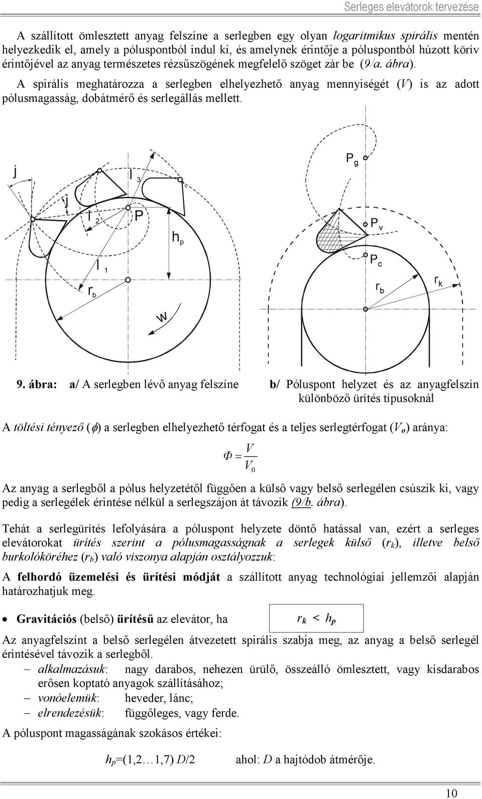 A spirális meghatározza a serlegben elhelyezhető anyag mennyiségét (V) is az adott pólusmagasság, dobátmérő és serlegállás mellett. j l 3 P g j l P P v h p r b l 1 P c r b r k w 9.