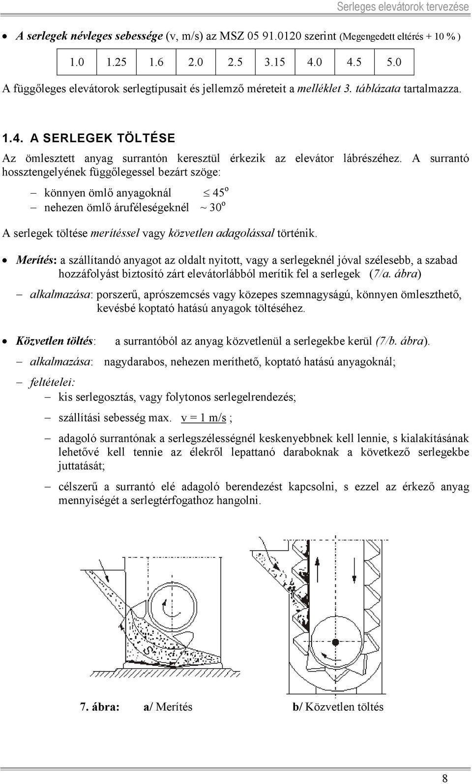 A surrantó hossztengelyének függőlegessel bezárt szöge: könnyen ömlő anyagoknál 45 o nehezen ömlő áruféleségeknél ~ 30 o A serlegek töltése merítéssel vagy közvetlen adagolással történik.