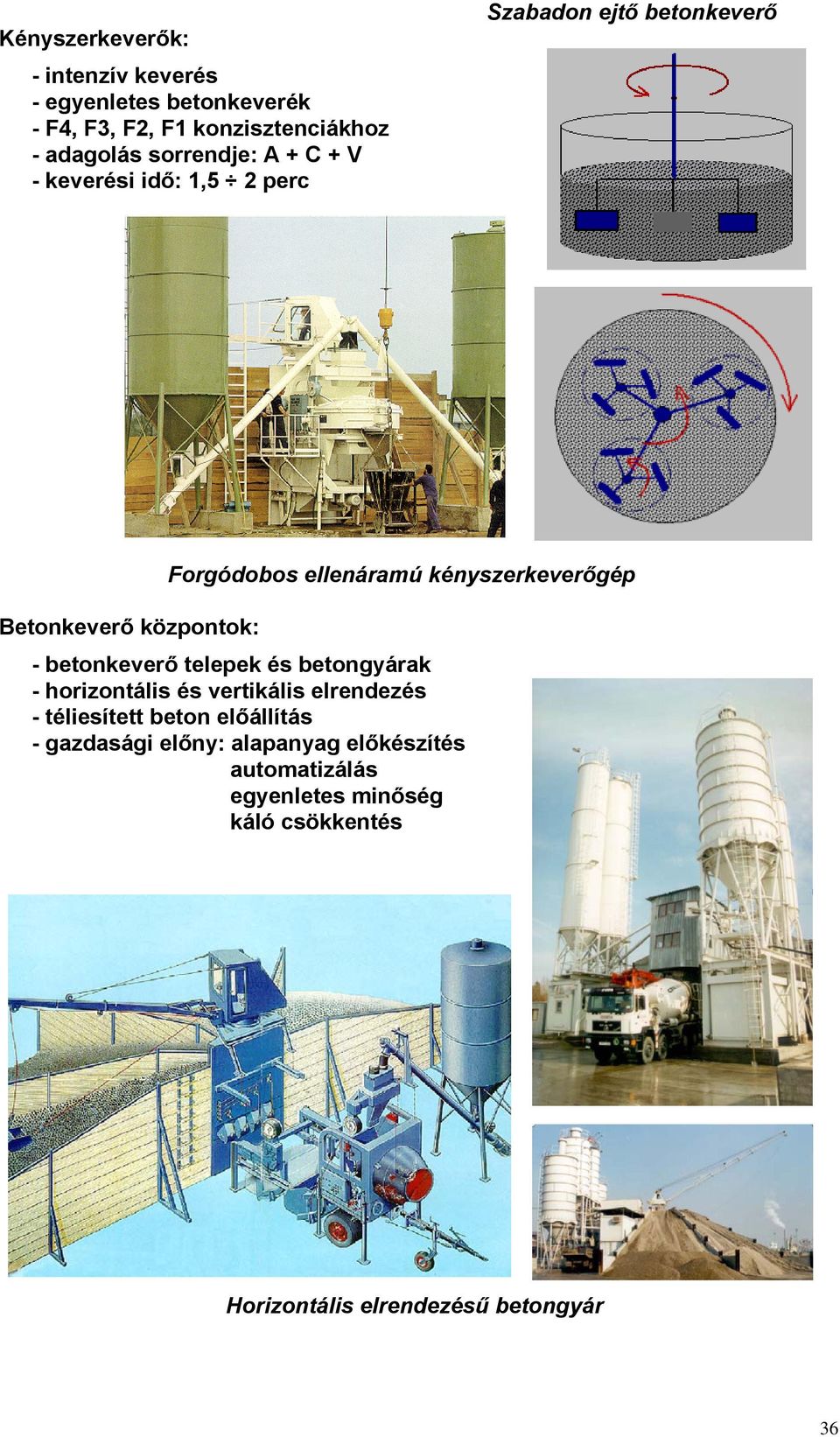 központok: - betonkeverő telepek és betongyárak - horizontális és vertikális elrendezés - téliesített beton előállítás