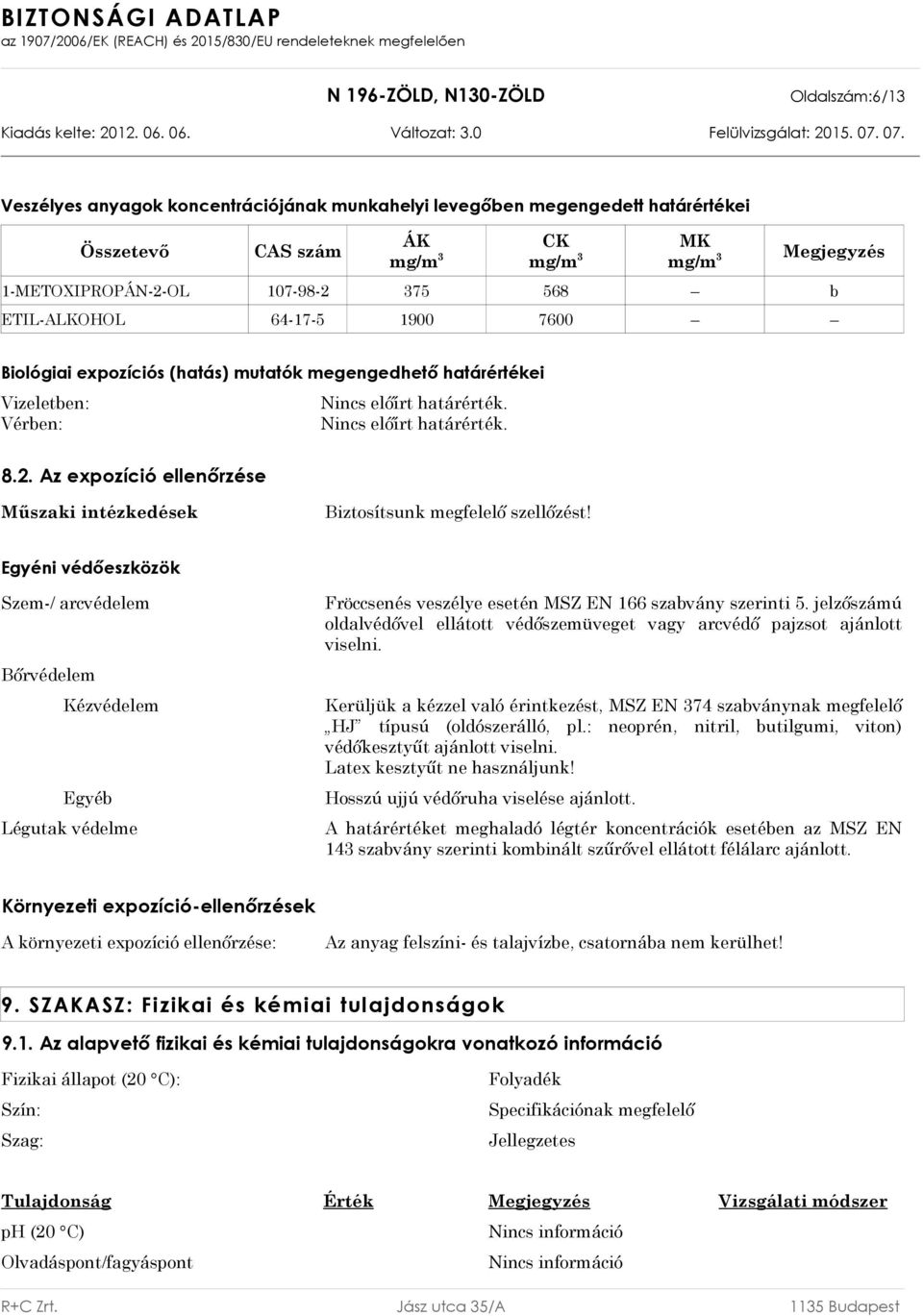 Az expozíció ellenőrzése Műszaki intézkedések Biztosítsunk megfelelő szellőzést!