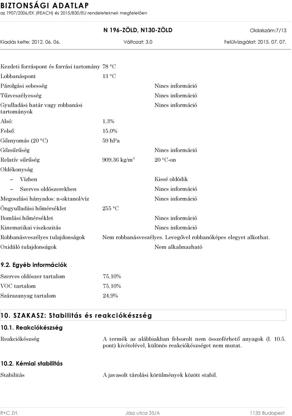 Kinematikai viszkozitás Robbanásveszélyes tulajdonságok Oxidáló tulajdonságok Nem robbanásveszélyes. Levegővel robbanóképes elegyet alkothat. Nem alkalmazható 9.2.