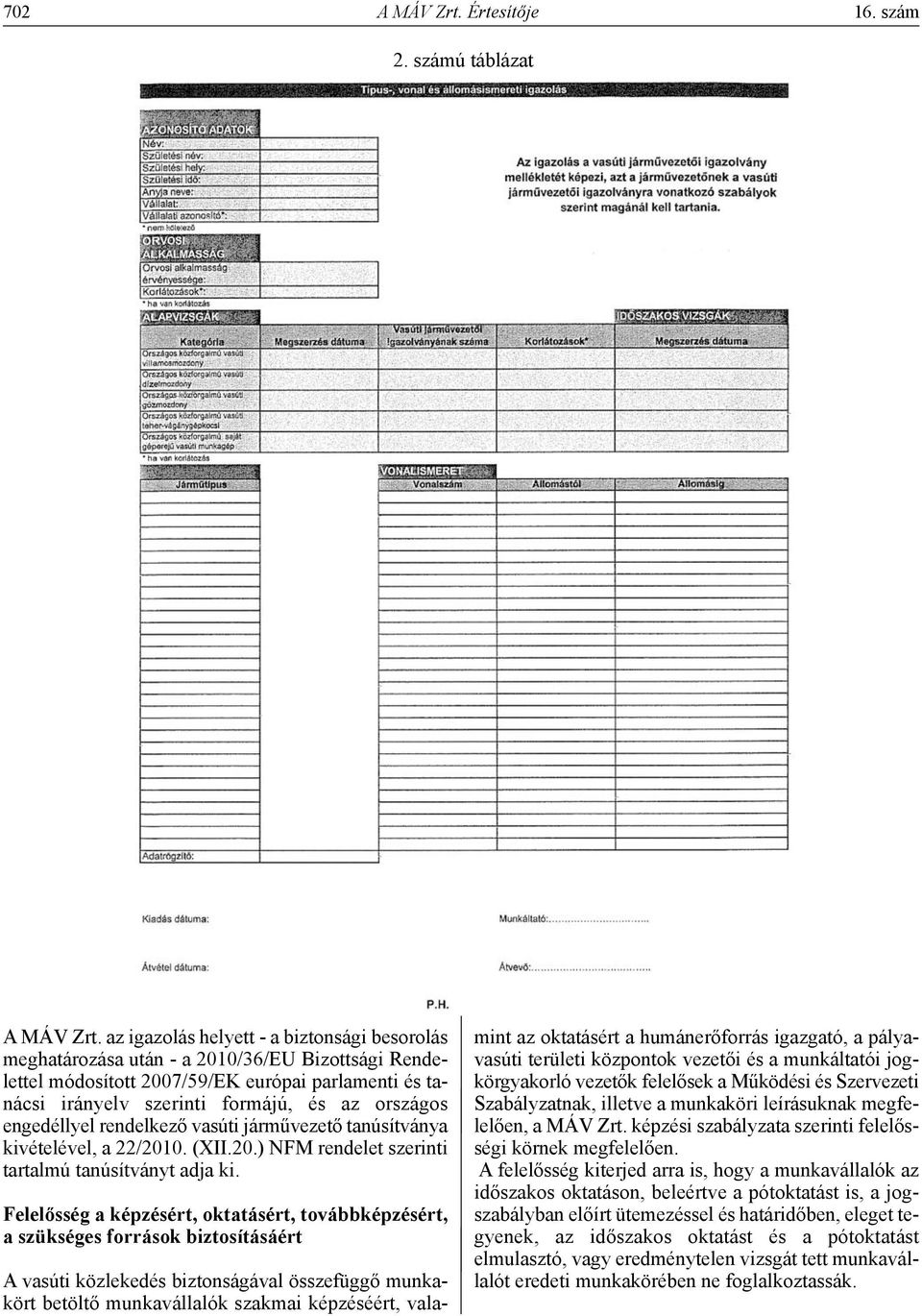 engedéllyel rendelkező vasúti járművezető tanúsítványa kivételével, a 22/2010. (XII.20.) NFM rendelet szerinti tartalmú tanúsítványt adja ki.