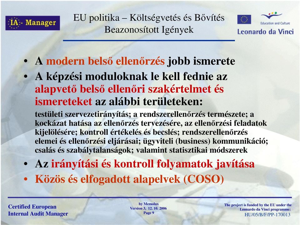 tervezésére, az ellenőrzési feladatok kijelölésére; kontroll értékelés és becslés; rendszerellenőrzés elemei és ellenőrzési eljárásai; ügyviteli (business)