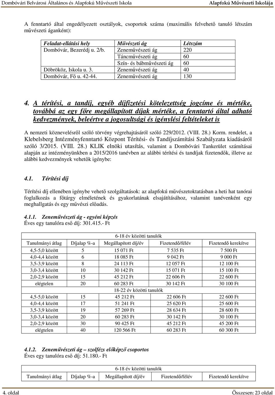 A térítési, a tandíj, egyéb díjfizetési kötelezettség jogcíme és mértéke, továbbá az egy főre megállapított díjak mértéke, a fenntartó által adható kedvezmények, beleértve a jogosultsági és igénylési