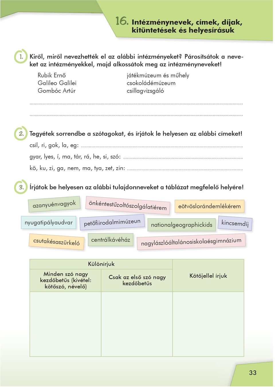 .. gyar, lyes, í, ma, tár, rá, he, si, szó:... kö, ku, zi, ga, nem, ma, tya, zet, zin:... 3. Írjátok be helyesen az alábbi tulajdonneveket a táblázat megfelelô helyére!