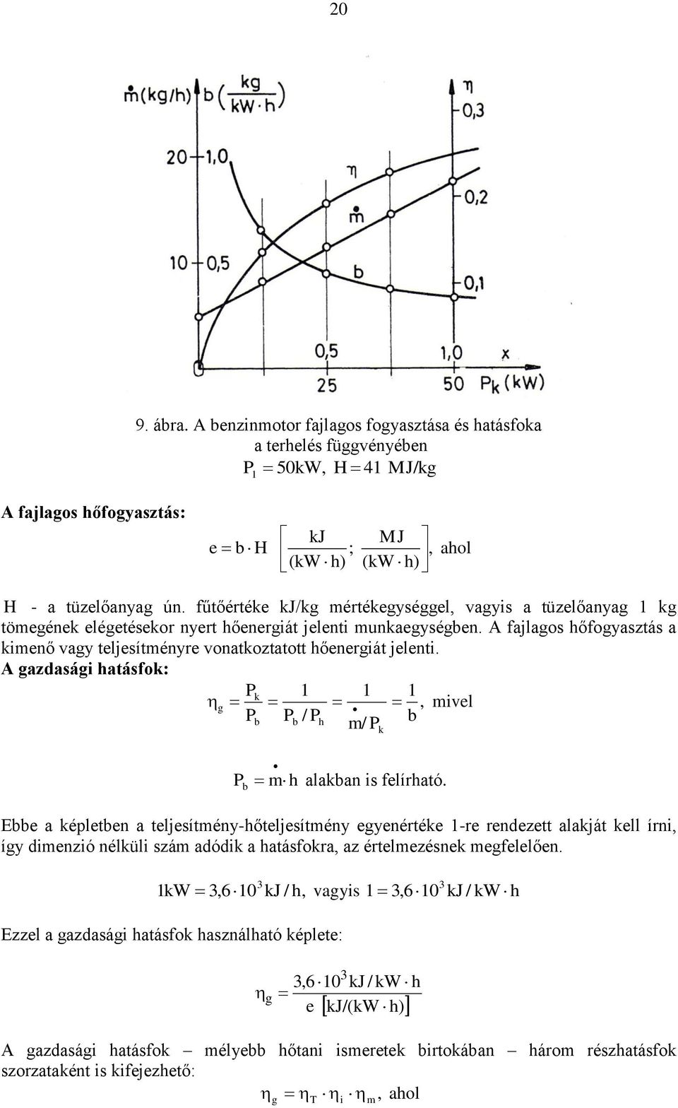 A fajlagos hőfogyasztás a kimenő vagy teljesítményre vonatkoztatott hőenergiát jelenti. A gazdasági hatásfok: Pk g, mivel Pb Pb / Ph m/ P b k P b m h alakban is felírható.