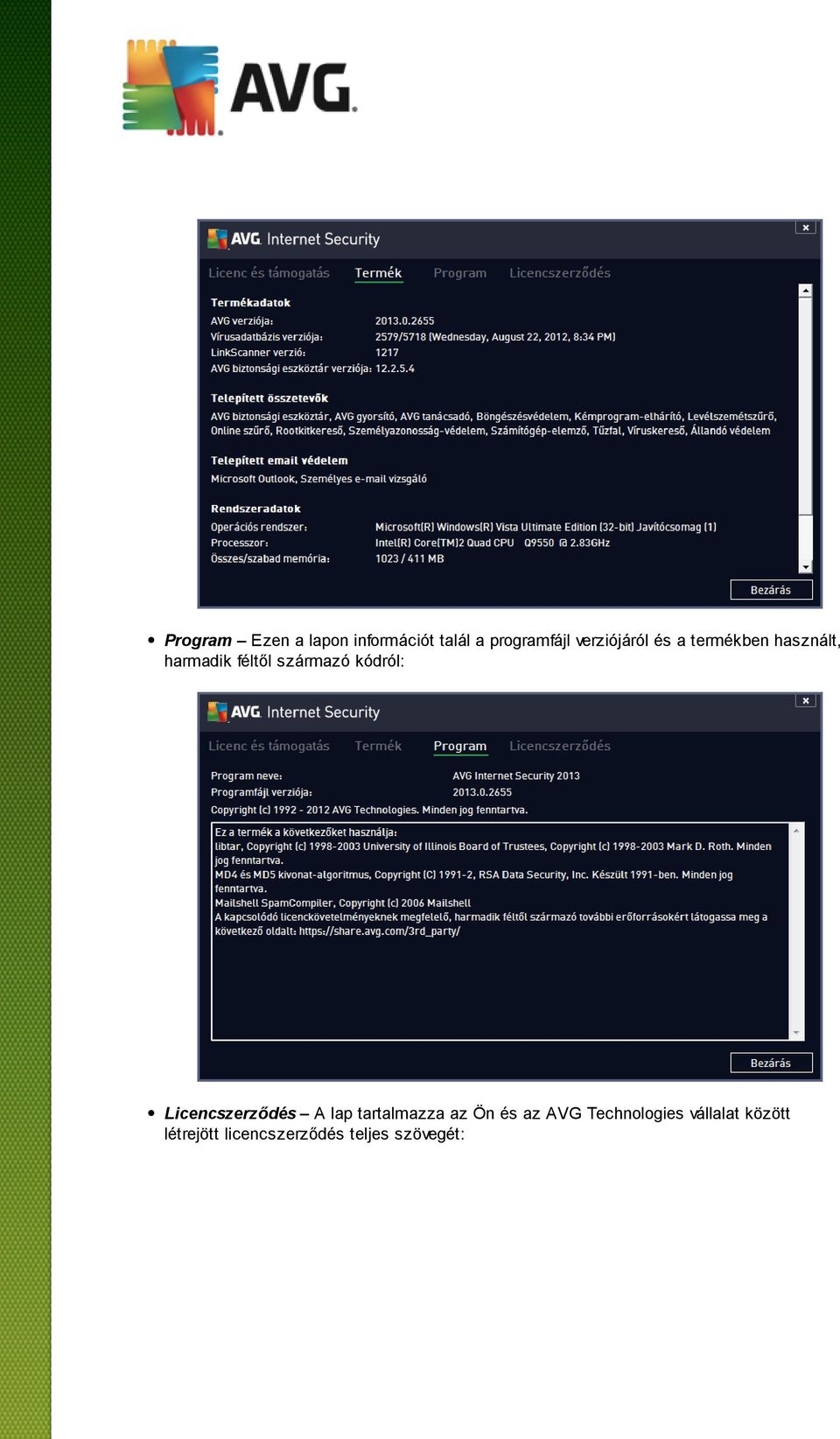 kódról: Licencszerződés A lap tartalmazza az Ön és az AVG
