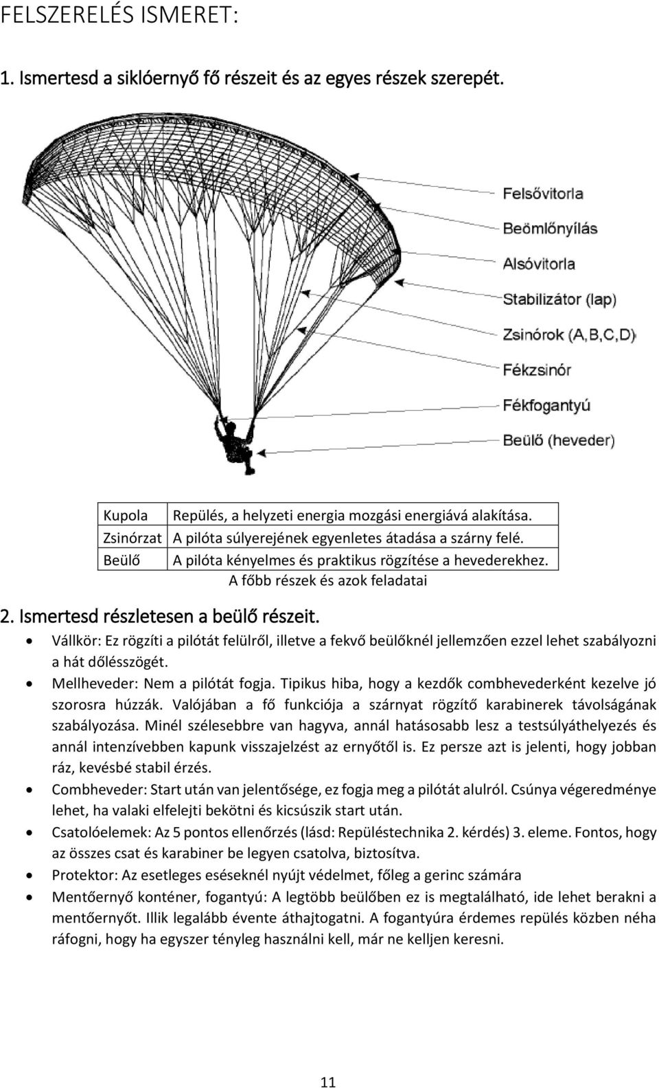 Ismertesd részletesen a beülő részeit. Vállkör: Ez rögzíti a pilótát felülről, illetve a fekvő beülőknél jellemzően ezzel lehet szabályozni a hát dőlésszögét. Mellheveder: Nem a pilótát fogja.