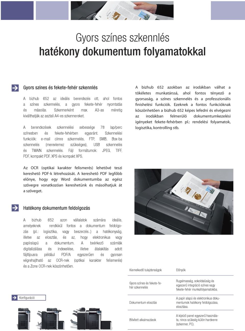 Szkennelési funkciók: e-mail címre szkennelés, FTP, SMB, Box-ba szkennelés (merevlemez szükséges), USB szkennelés és TWAIN szkennelés.