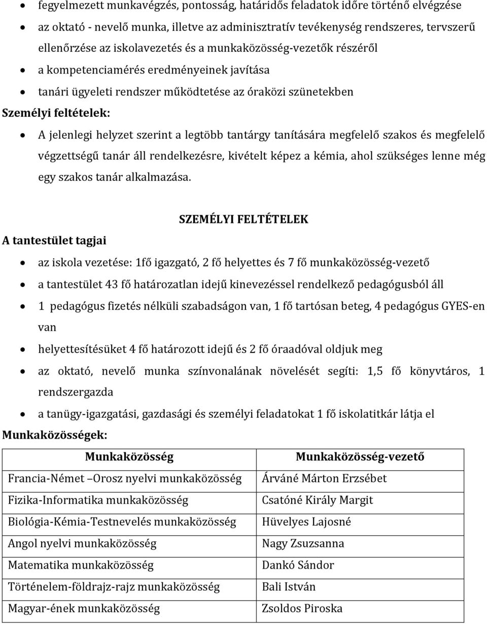 tantárgy tanítására megfelelő szakos és megfelelő végzettségű tanár áll rendelkezésre, kivételt képez a kémia, ahol szükséges lenne még egy szakos tanár alkalmazása.