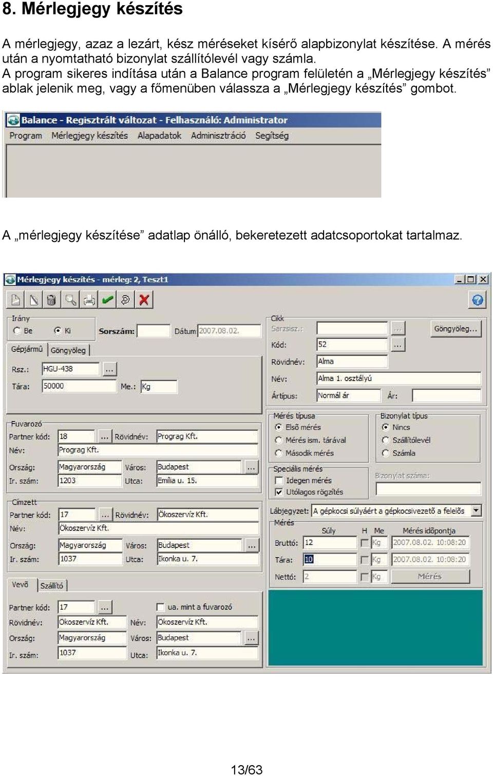 A program sikeres indítása után a Balance program felületén a Mérlegjegy készítés ablak jelenik meg,