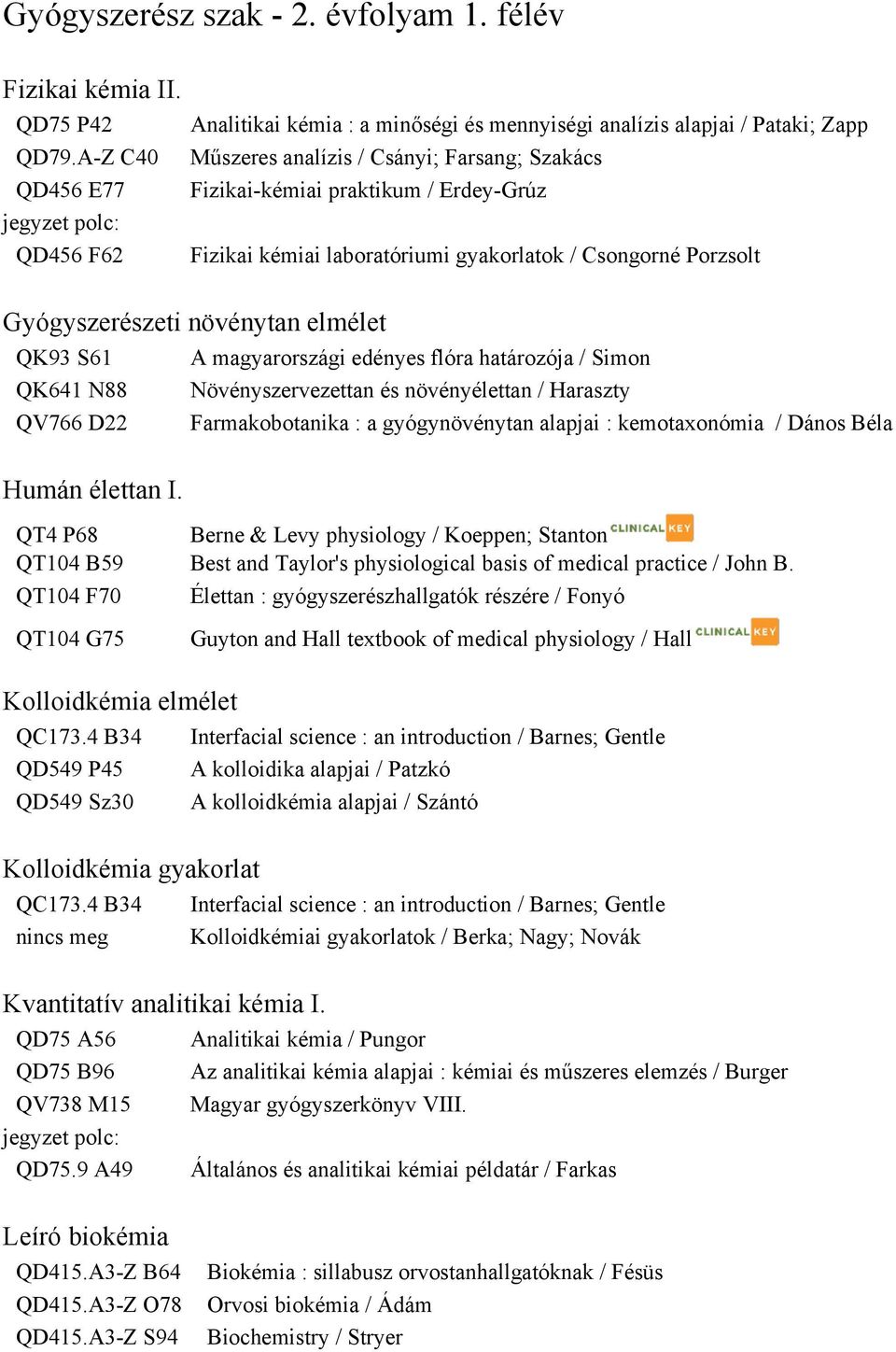 kémiai laboratóriumi gyakorlatok / Csongorné Porzsolt Gyógyszerészeti növénytan elmélet QK93 S61 QK641 N88 QV766 D22 Humán élettan I.